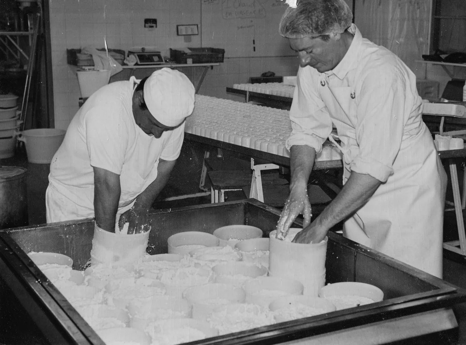 Démoulage des fromages, photo d’archive en noir et blanc