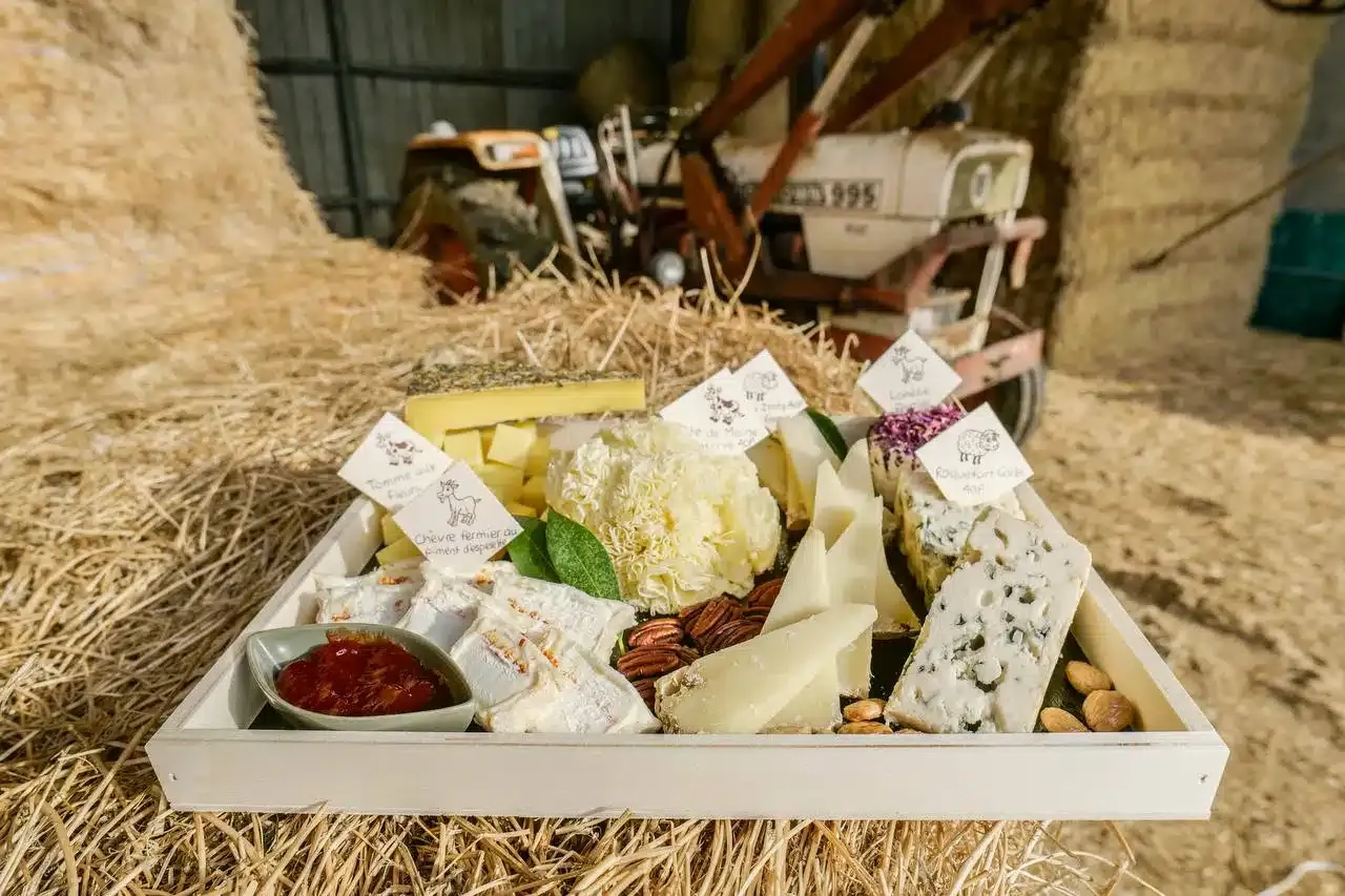 Un petit plateau de fin de repas, six fromages et une confiture